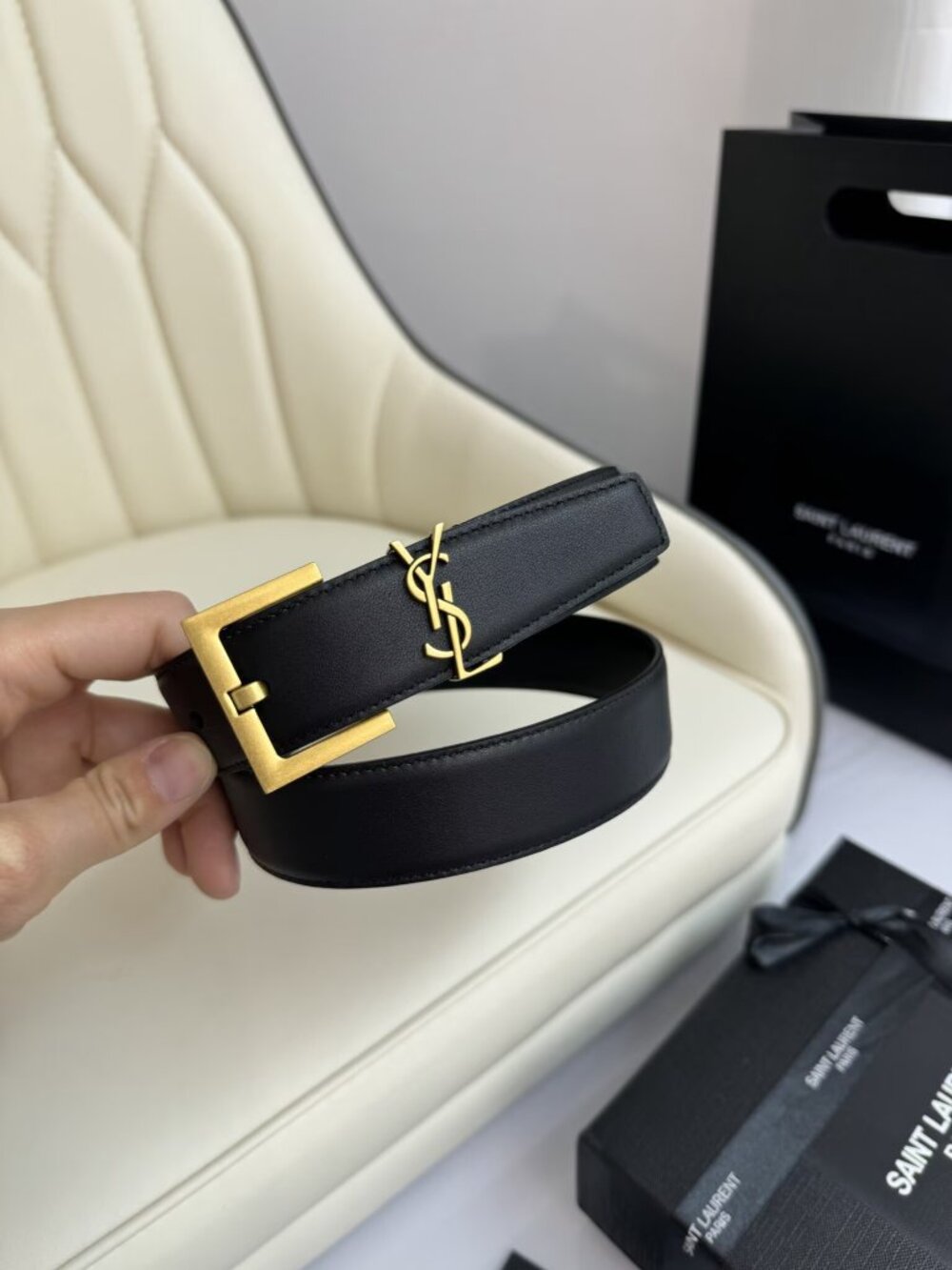 Saint Laurent Cassandre Belt Black Leather Gold YSL Square Buckle